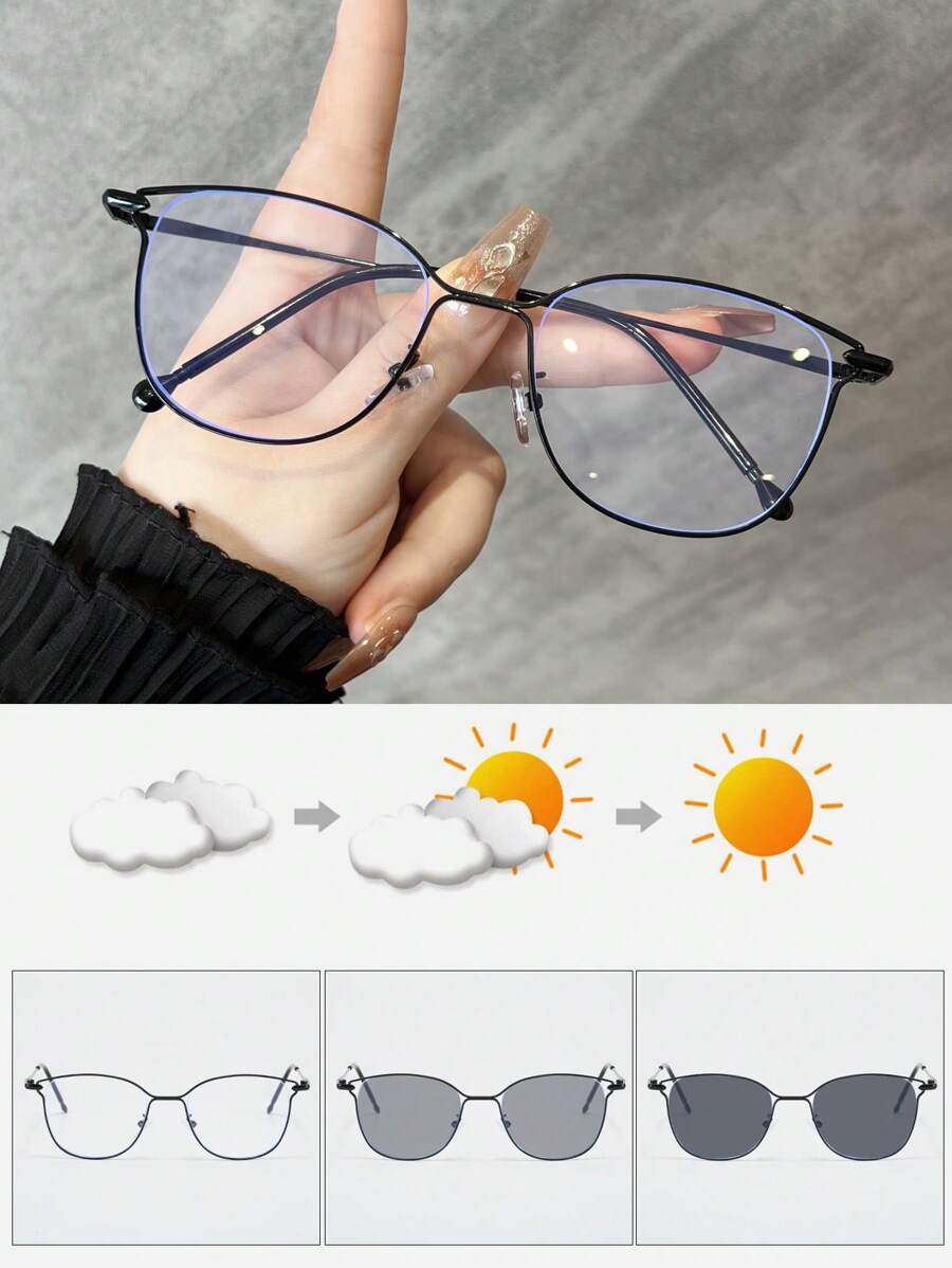 Sunglasses Cat Eye - กระจกตกแต่งกรอบโลหะทรงตาแมวแบบโปร่ง 1 ชิ้น น้ำหนักเบาพิเศษ ใช้งานได้หลากหลาย ทั้งเป็นกระจกคอมพิวเตอร์ในร่มและกระจกเปลี่ยนสีตามแสงกลางแจ้ง