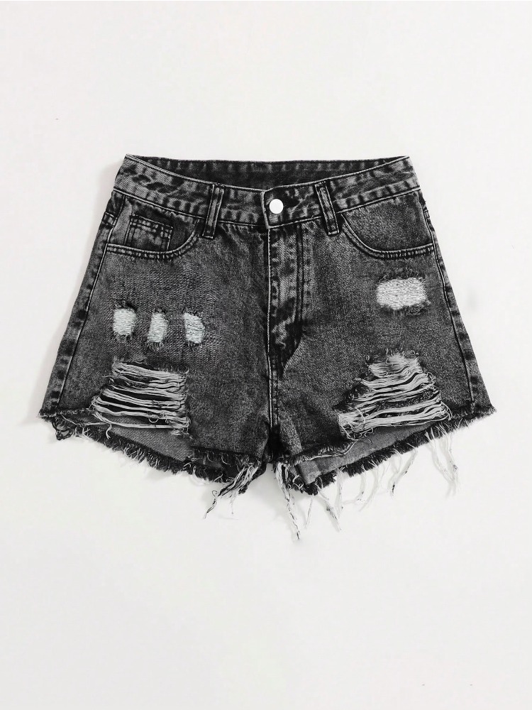 Shorts Denim Frayed - กางเกงยีนส์ขาสั้นวินเทจปี 2026 สำหรับผู้หญิง เอวสูง ปักลาย ขอบรุ่ย