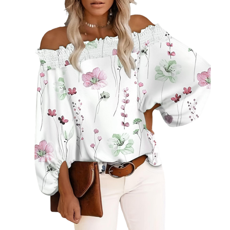 Blouse Off Shoulder - เสื้อเบลาส์แฟชั่นไซส์ใหญ่สำหรับผู้หญิง ลายดอกไม้ แขนยาว เปิดไหล่ สไตล์ลำลอง เหมาะสำหรับใส่ไปเที่ยวทะเลในช่วงฤดูร้อน