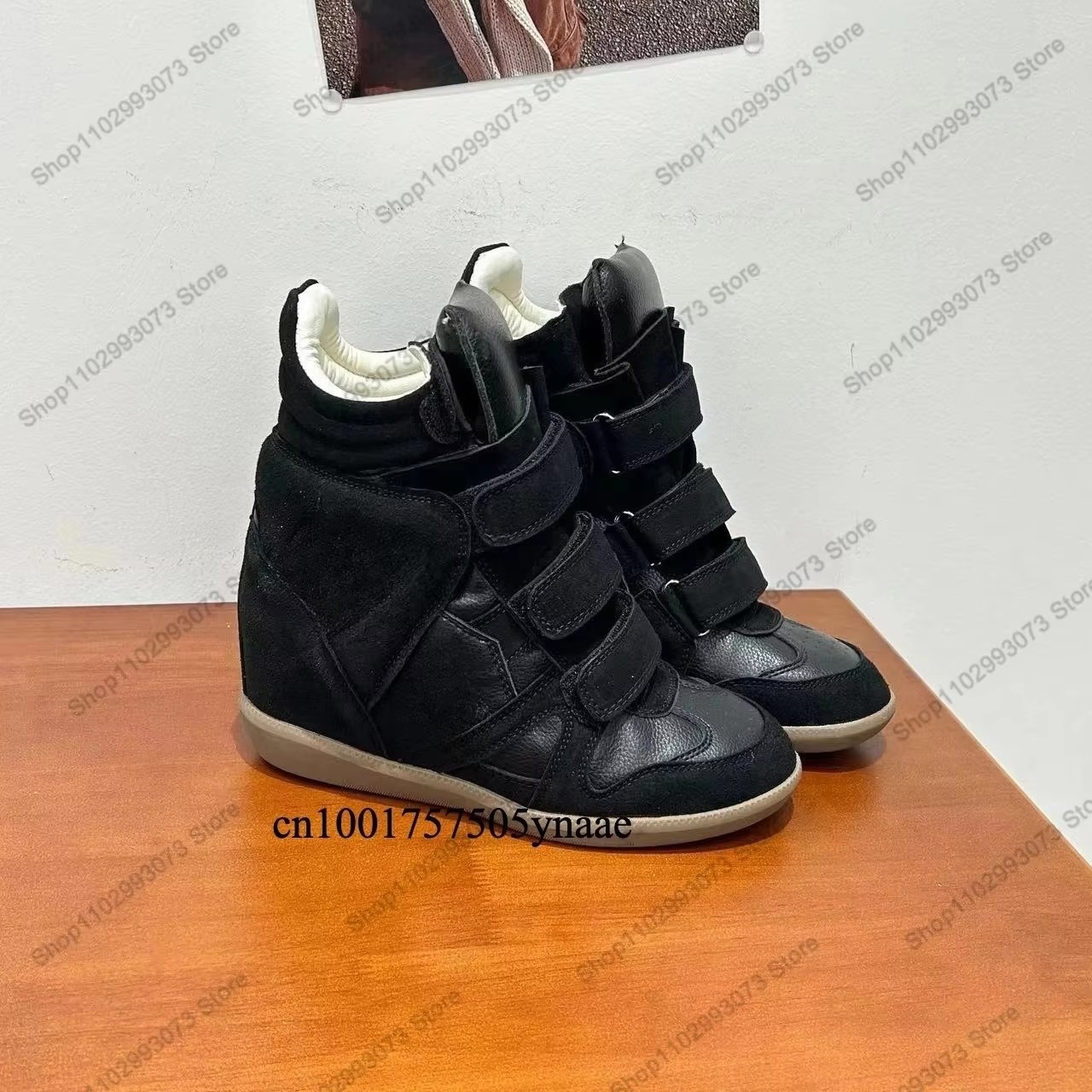 Wedge Espadrille Women - รองเท้าผ้าใบหุ้มข้อส้นลิ่มซ่อนสำหรับผู้หญิง หนังกลับผสมหนังแท้ สายรัดเวลโครเพิ่มความสูงภายใน น้ำหนักเบา สวมใส่สบาย แฟชั่นลำลอง