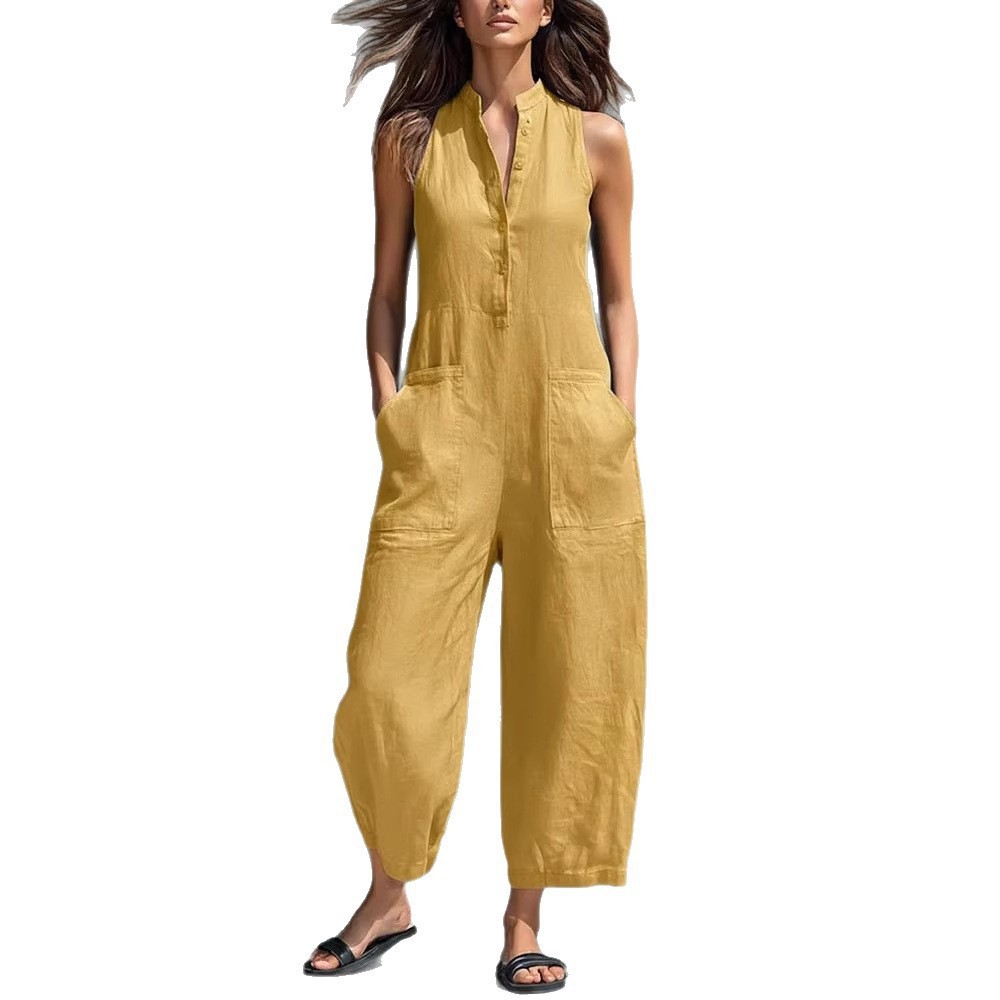 ชุดจั๊มสูทผู้หญิงแบบไม่มีแขน ค - Jumpsuit Linen Relaxed บทวิจารณ์และราคา