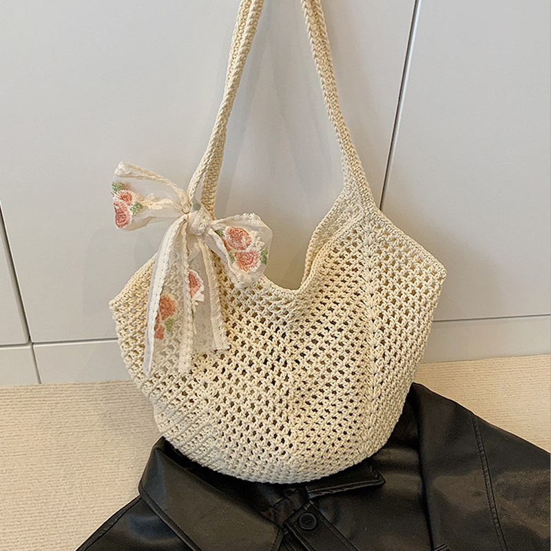 กระเป๋าโท้ทลายลูกไม้ประดับโบว์ - Crochet Bag Raffia บทวิจารณ์และราคา