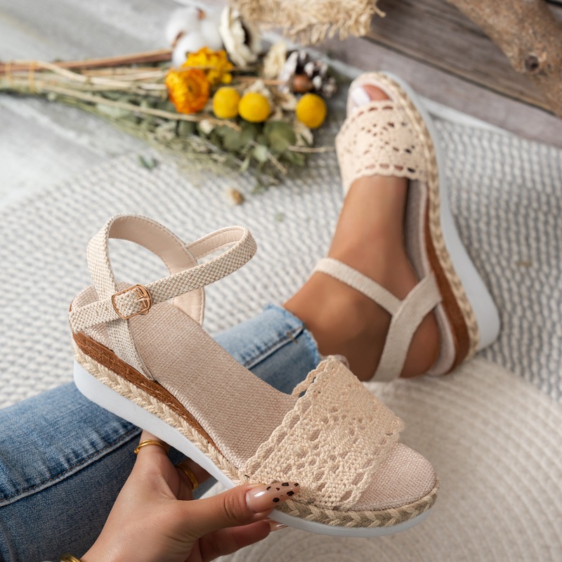 รองเท้าส้นเตารีดแบบสวมเปิดนิ้ว - Wedge Espadrille Women บทวิจารณ์และราคา