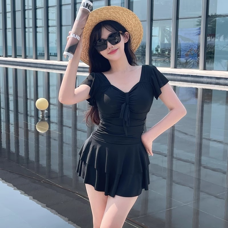 ชุดว่ายน้ำวันพีซคอวีสีแดงสำหรั - Swimsuit Bikini Ruched บทวิจารณ์และราคา